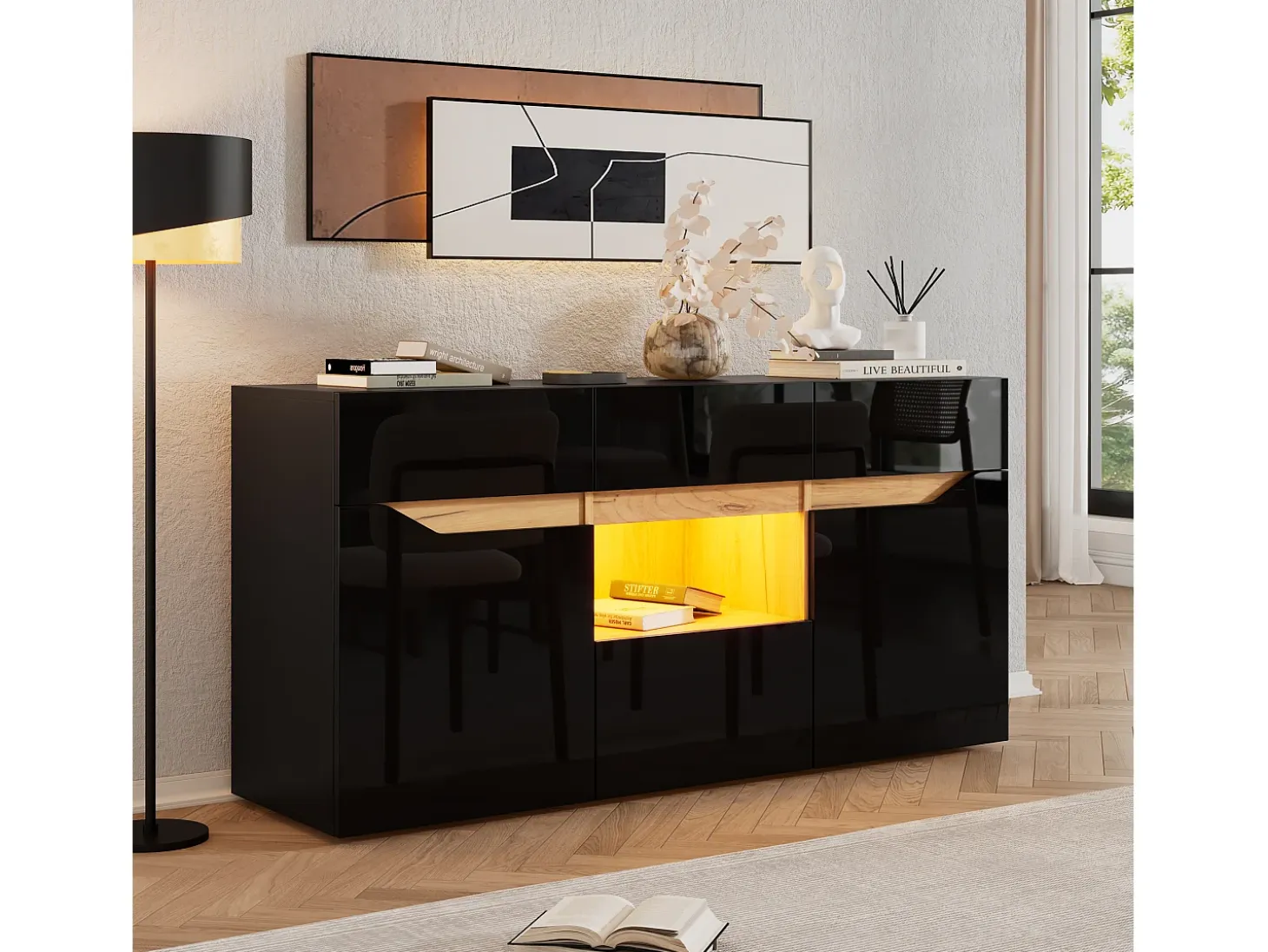 Aparador moderno 140x40x70 cm - 4 cajones y 2 puertas - con iluminación LED - Acabado brillante - Negro y natural
