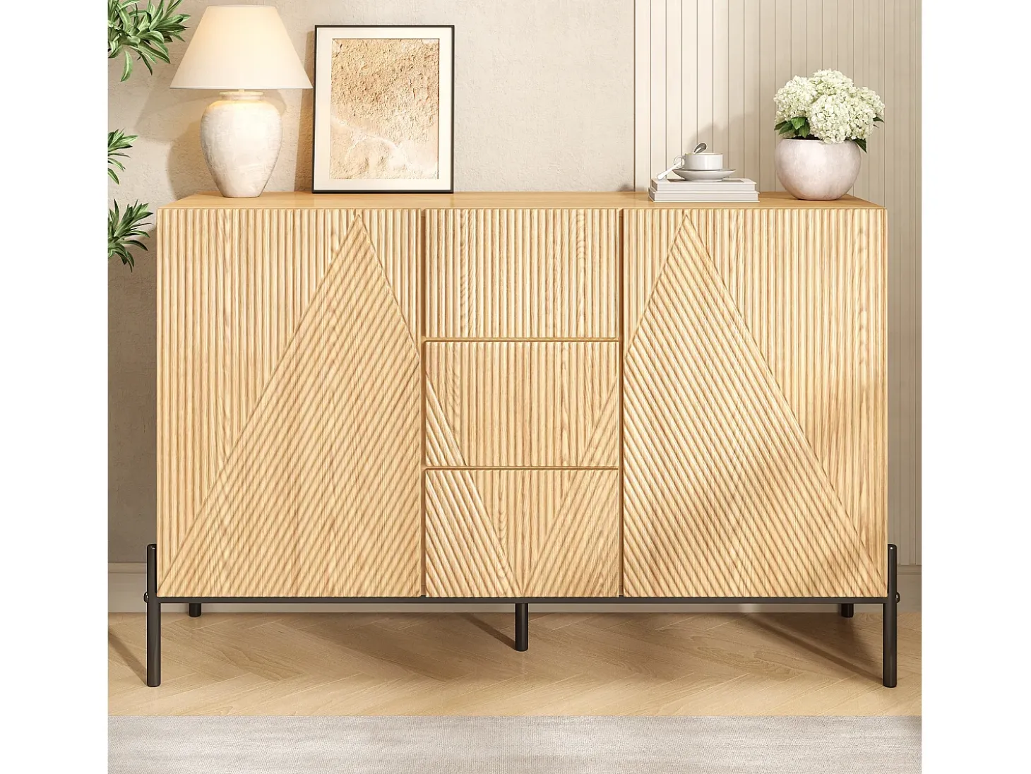 Aparador moderno 115,5x40x76 cm - 3 cajones y 2 puertas - Patas de hierro - MDF - Color natural