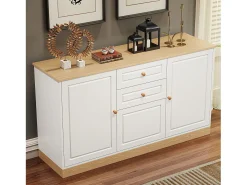 Aparador moderno 135,5x39x76 cm - 3 puertas y 2 cajones - Amplio tablero - Estantes ajustables - Tableros de partículas - Blanco+naturaleza