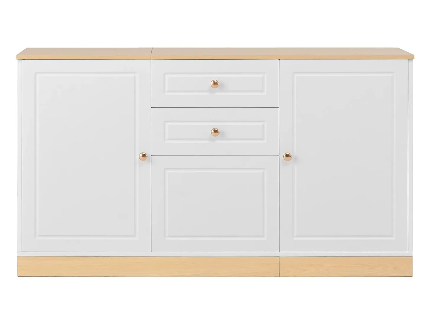 Aparador moderno 135,5x39x76 cm - 3 puertas y 2 cajones - Amplio tablero - Estantes ajustables - Tableros de partículas - Blanco+naturaleza