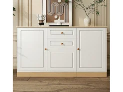 Aparador moderno 135,5x39x76 cm - 3 puertas y 2 cajones - Amplio tablero - Estantes ajustables - Tableros de partículas - Blanco+naturaleza