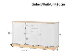 Aparador moderno 135,5x39x76 cm - 3 puertas y 2 cajones - Amplio tablero - Estantes ajustables - Tableros de partículas - Blanco+naturaleza