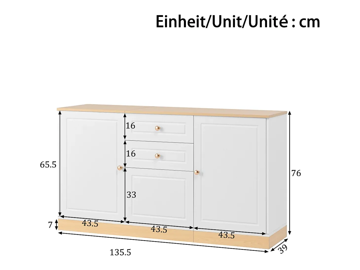 Aparador moderno 135,5x39x76 cm - 3 puertas y 2 cajones - Amplio tablero - Estantes ajustables - Tableros de partículas - Blanco+naturaleza