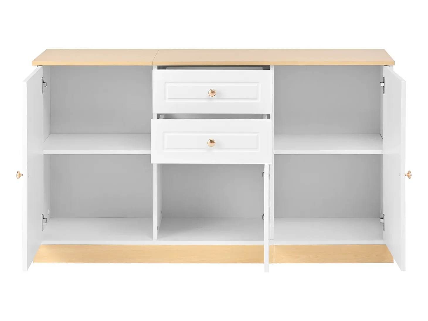 Aparador moderno 135,5x39x76 cm - 3 puertas y 2 cajones - Amplio tablero - Estantes ajustables - Tableros de partículas - Blanco+naturaleza