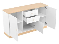 Aparador moderno 135,5x39x76 cm - 3 puertas y 2 cajones - Amplio tablero - Estantes ajustables - Tableros de partículas - Blanco+naturaleza