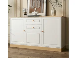 Aparador moderno 135,5x39x76 cm - 3 puertas y 2 cajones - Amplio tablero - Estantes ajustables - Tableros de partículas - Blanco+naturaleza