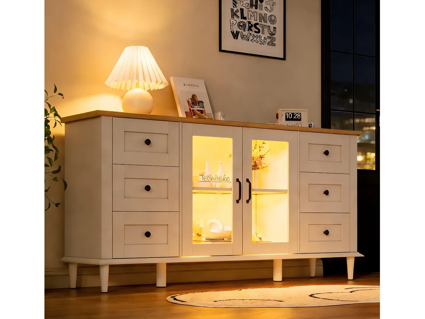 Aparador moderno 150x40x75 cm - Iluminación LED - 2 puertas de acrílico y 6 cajones - MDF - Blanco y natural