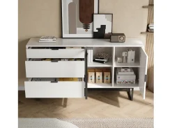 Aparador moderno 160x36x78 cm - Mueble de almacenamiento - 3 cajones y 2 puertas - Iluminación LED - Blanco
