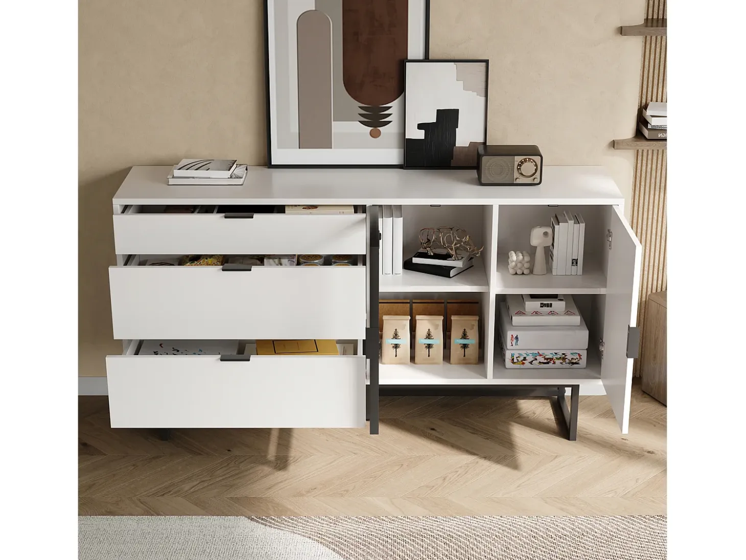 Aparador moderno 160x36x78 cm - Mueble de almacenamiento - 3 cajones y 2 puertas - Iluminación LED - Blanco