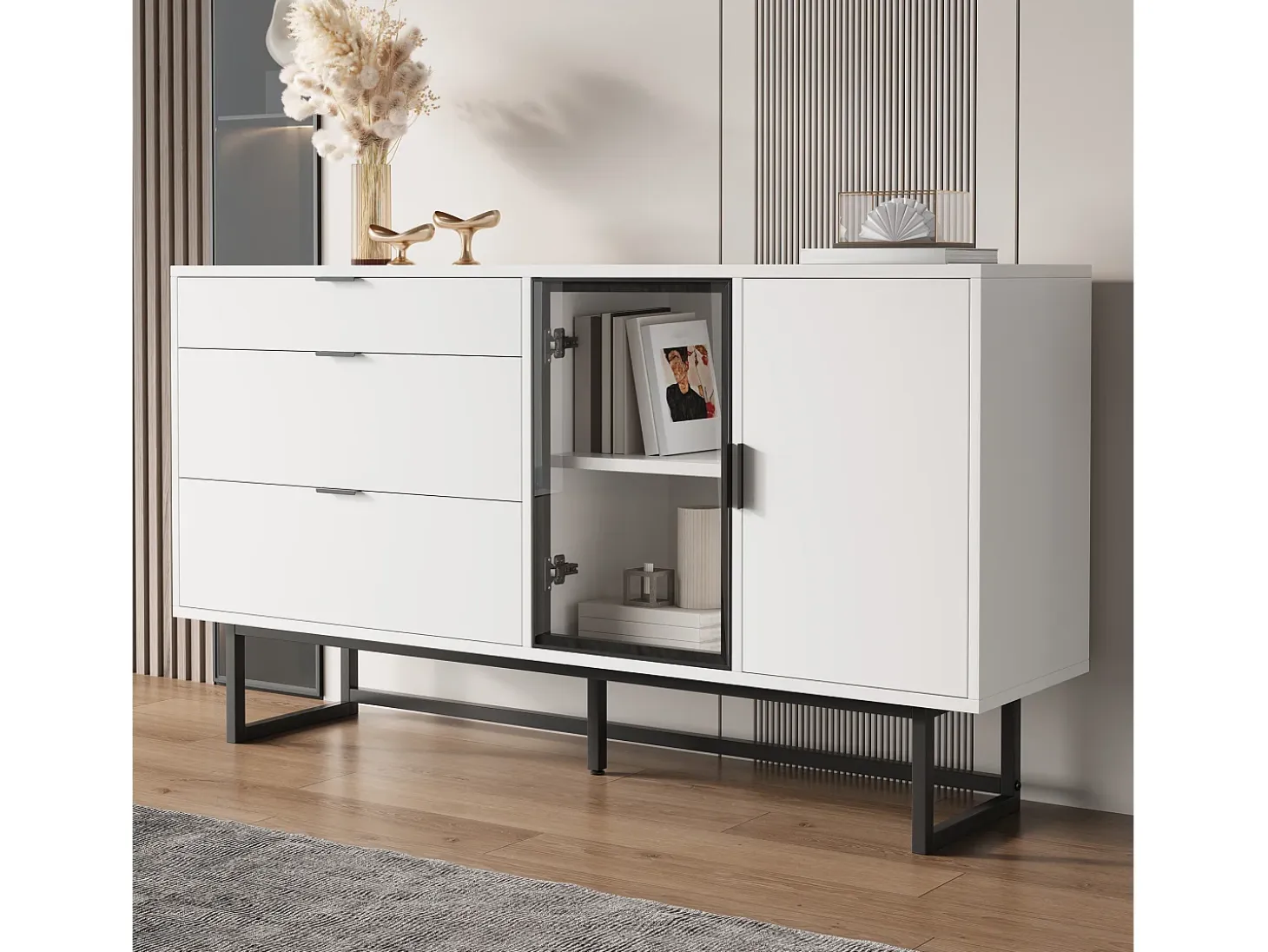 Aparador moderno 160x36x78 cm - Mueble de almacenamiento - 3 cajones y 2 puertas - Iluminación LED - Blanco