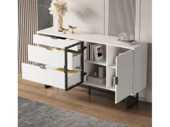 Aparador moderno 160x36x78 cm - Mueble de almacenamiento - 3 cajones y 2 puertas - Iluminación LED - Blanco