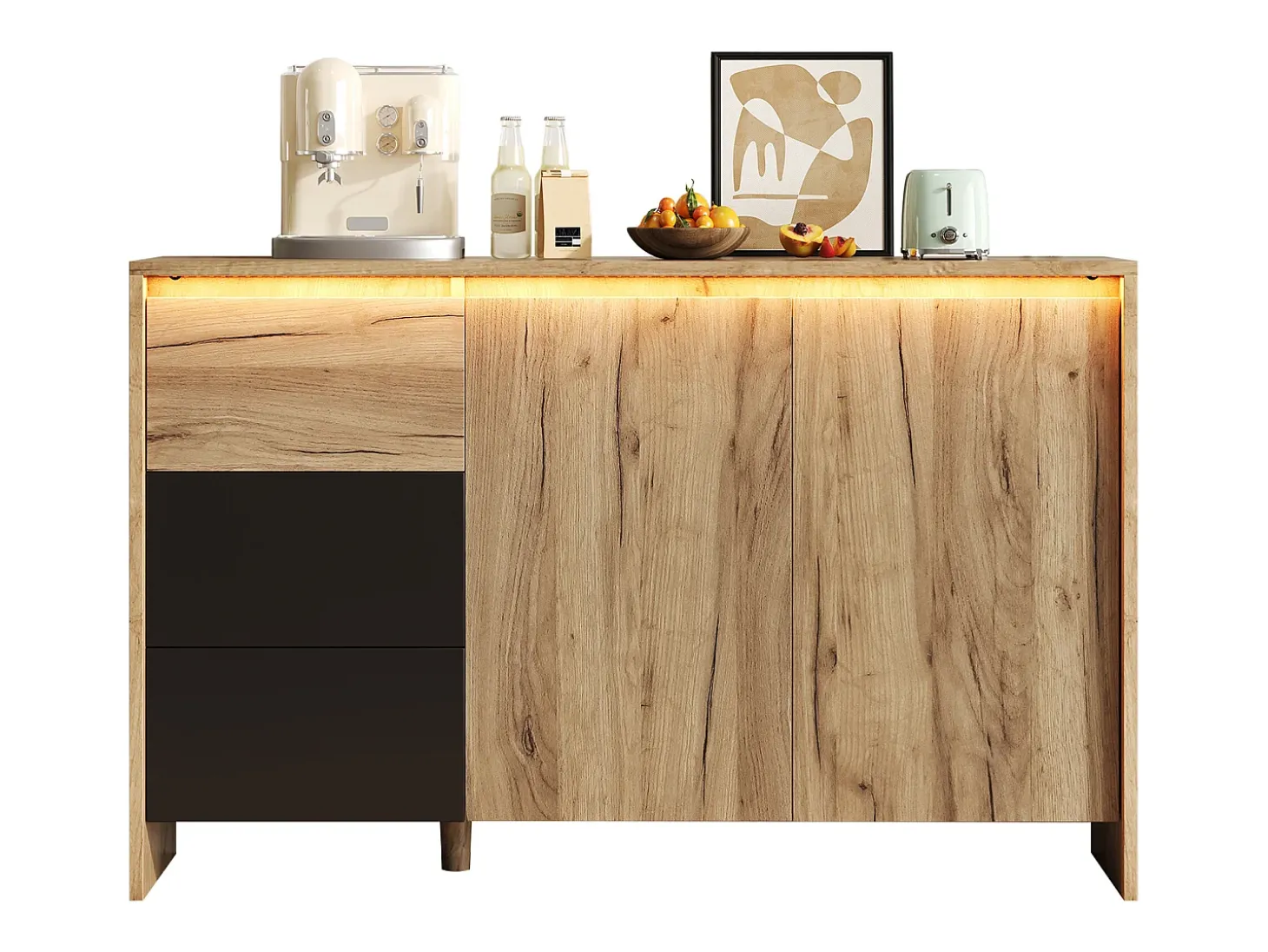 Aparador moderno 120x76x40cm - con 2 puertas y 3 cajones - con luces LED - tablero de partículas - Natural