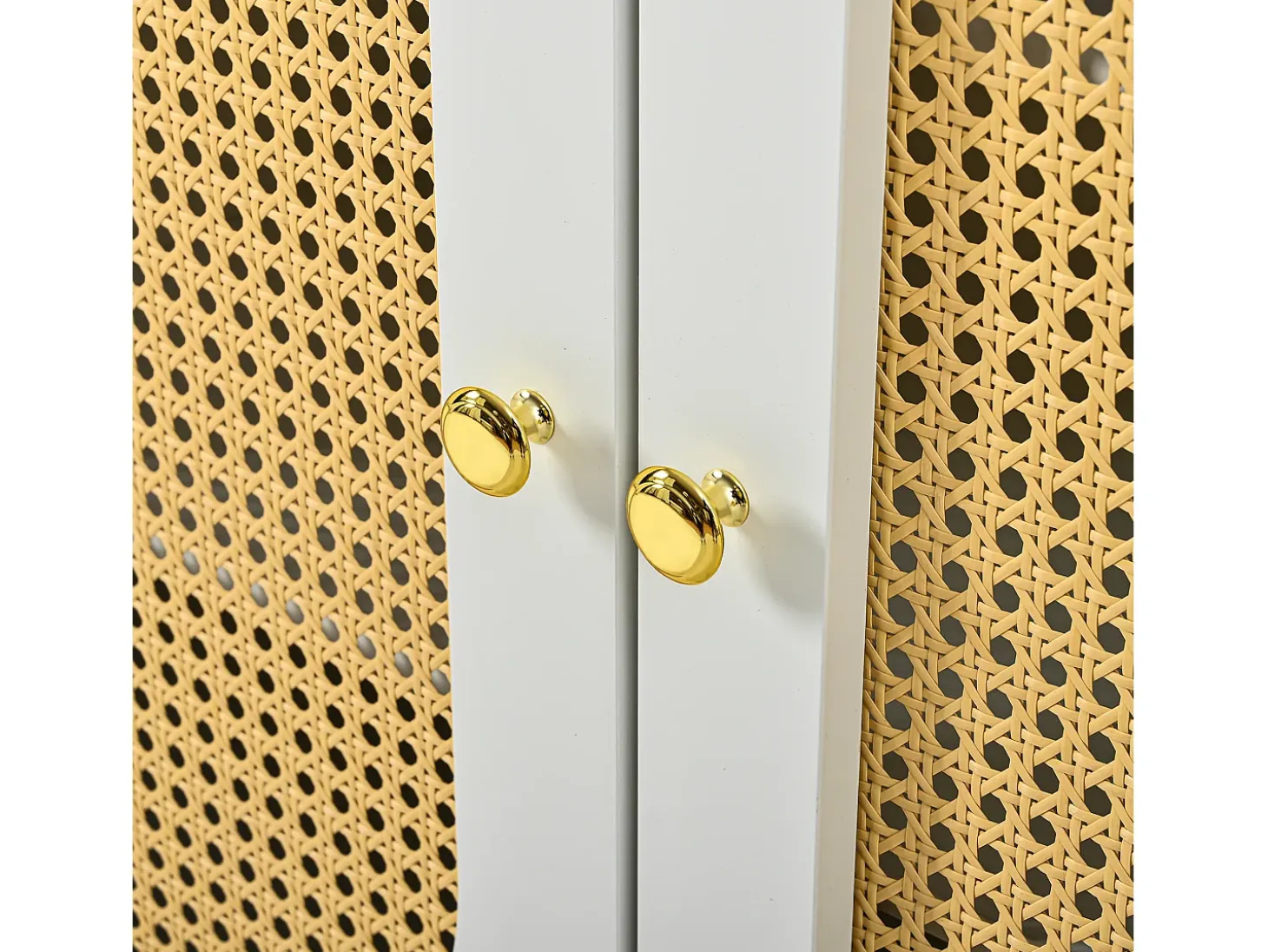 Aparador moderno 140x30x82cm - con 2 cajones y 4 puertas - aspecto ratán - con estantes ajustables - blanco + natural