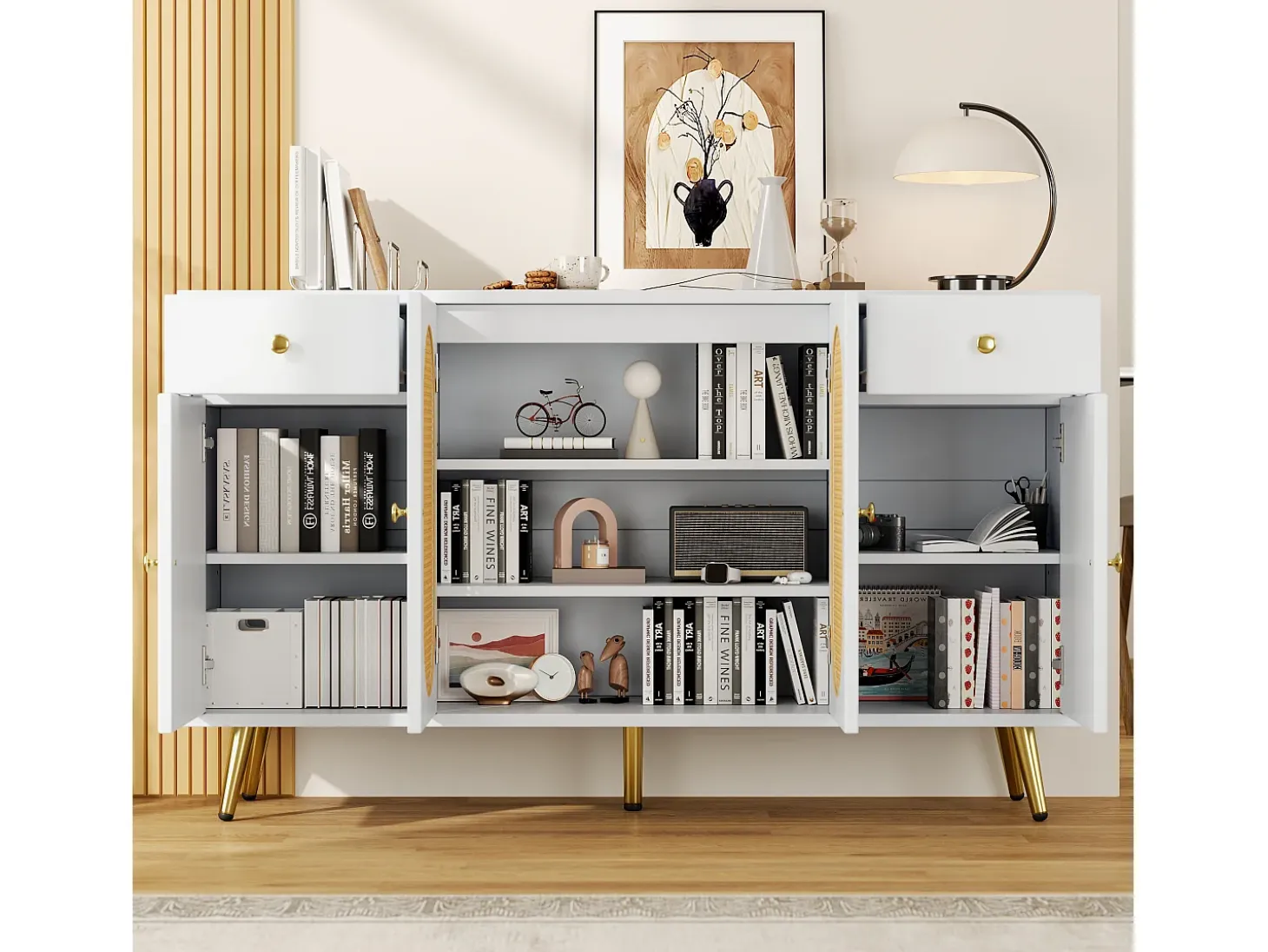 Aparador moderno 140x30x82cm - con 2 cajones y 4 puertas - aspecto ratán - con estantes ajustables - blanco + natural