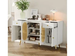 Aparador moderno 140x30x82cm - con 2 cajones y 4 puertas - aspecto ratán - con estantes ajustables - blanco + natural