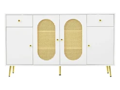 Aparador moderno 140x30x82cm - con 2 cajones y 4 puertas - aspecto ratán - con estantes ajustables - blanco + natural