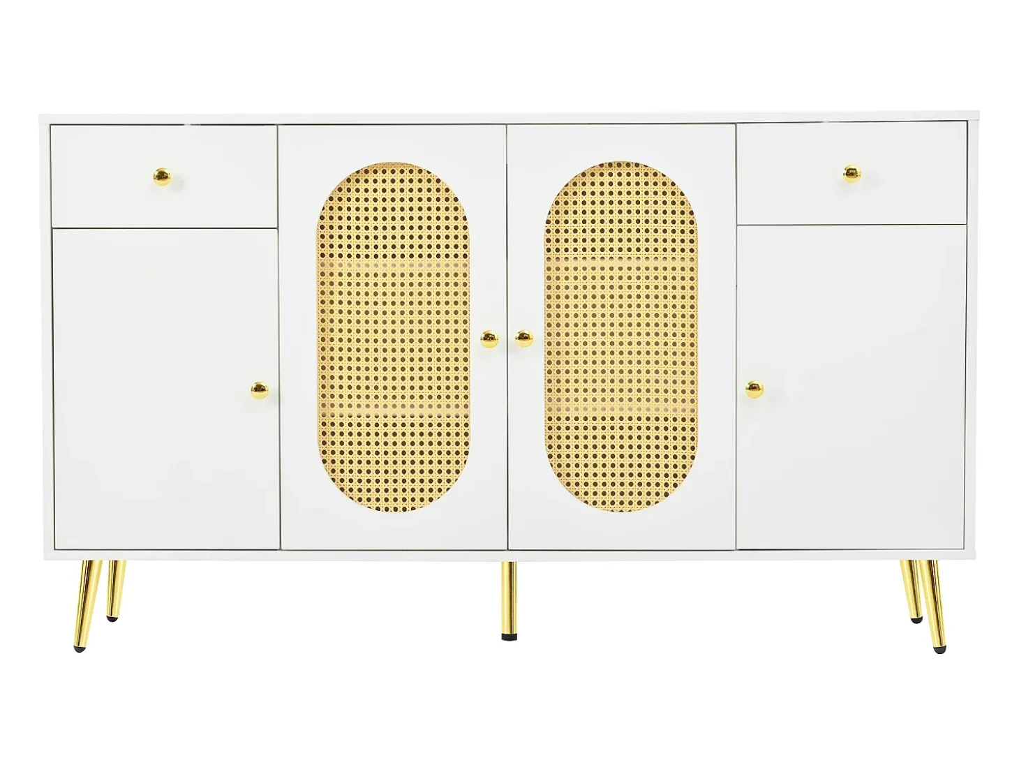 Aparador moderno 140x30x82cm - con 2 cajones y 4 puertas - aspecto ratán - con estantes ajustables - blanco + natural
