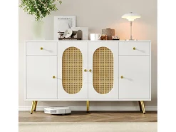 Aparador moderno 140x30x82cm - con 2 cajones y 4 puertas - aspecto ratán - con estantes ajustables - blanco + natural