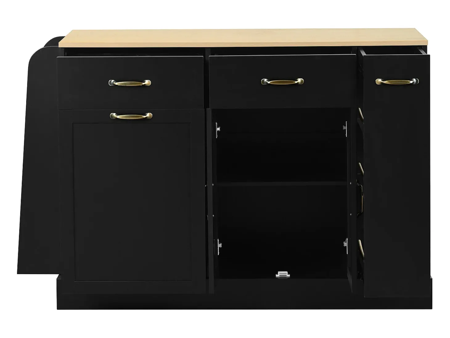 Aparador moderno 133,5x40x86cm - con cajones y estante de especias - Compartimento con basura - Natural + Negro