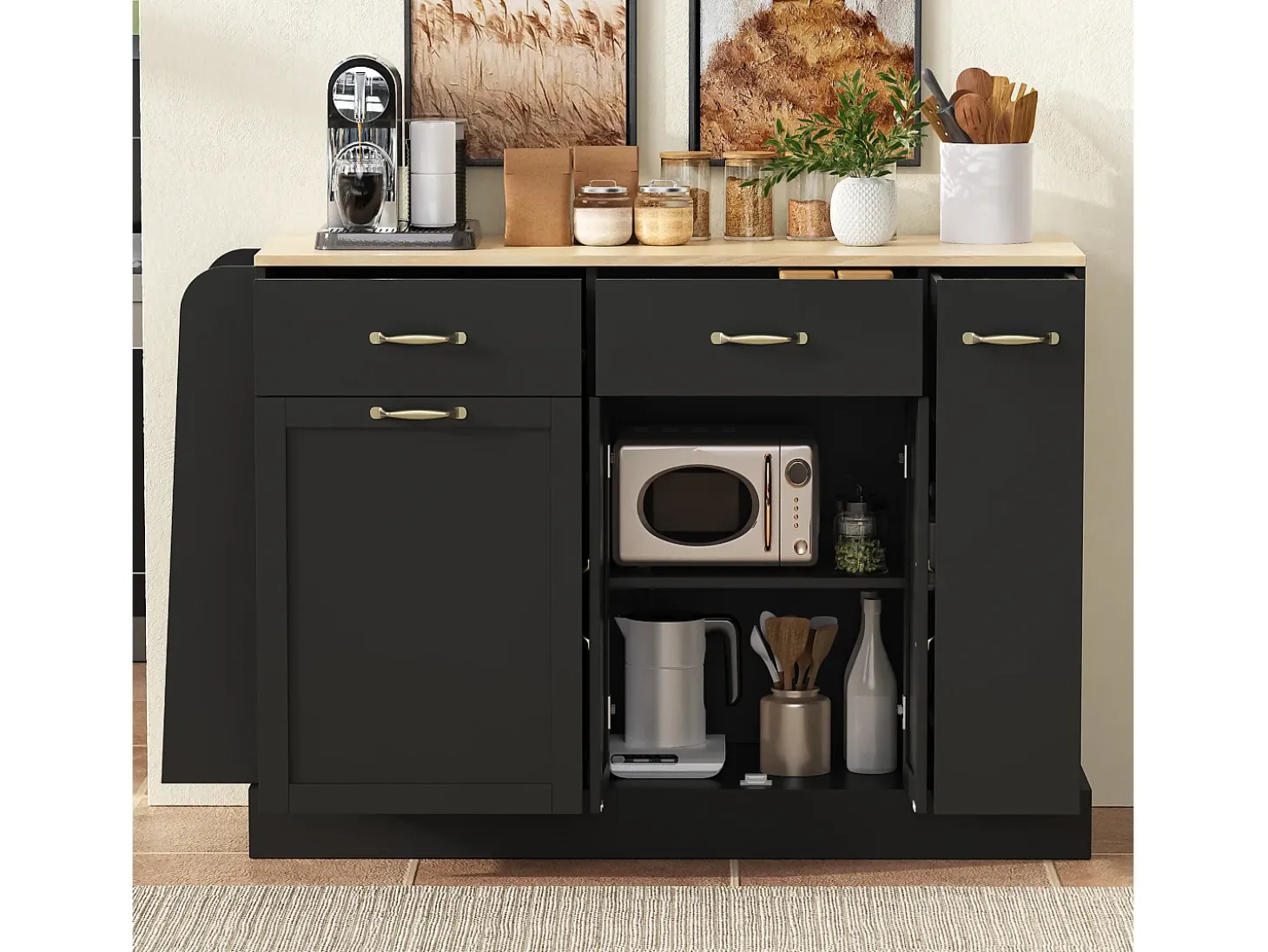 Aparador moderno 133,5x40x86cm - con cajones y estante de especias - Compartimento con basura - Natural + Negro