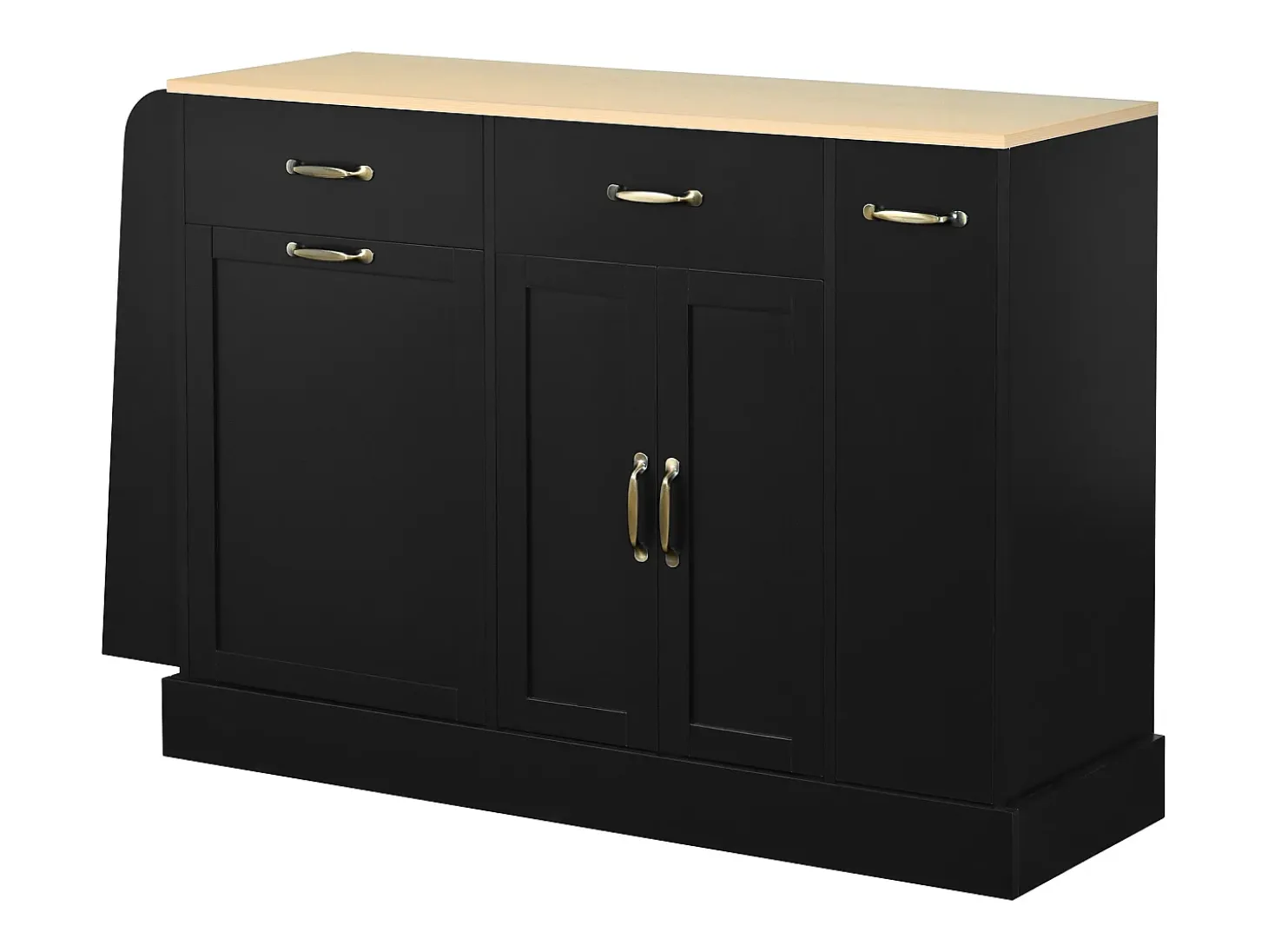 Aparador moderno 133,5x40x86cm - con cajones y estante de especias - Compartimento con basura - Natural + Negro