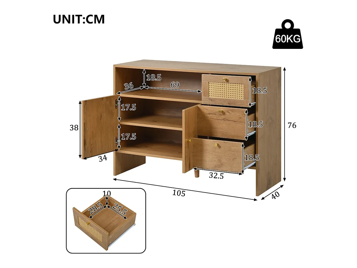 Aparador moderno 105x40x76cm - con 2 puertas y 3 cajones - con compartimentos abiertos - tablero de partículas - Natural