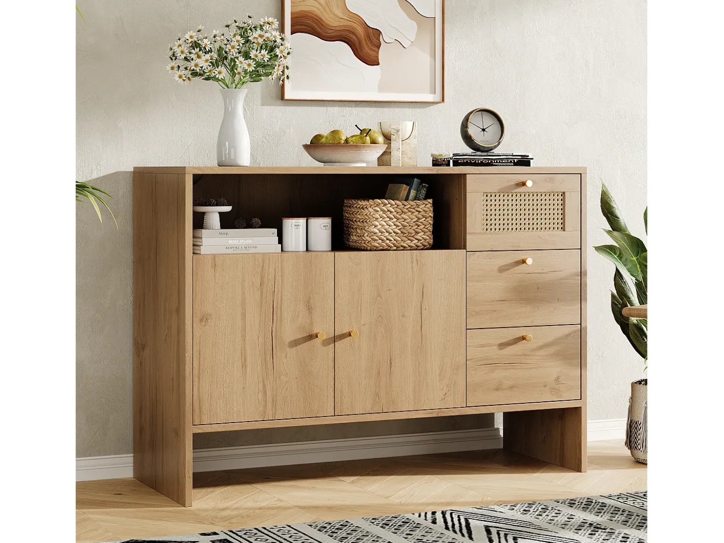 Aparador moderno 105x40x76cm - con 2 puertas y 3 cajones - con compartimentos abiertos - tablero de partículas - Natural