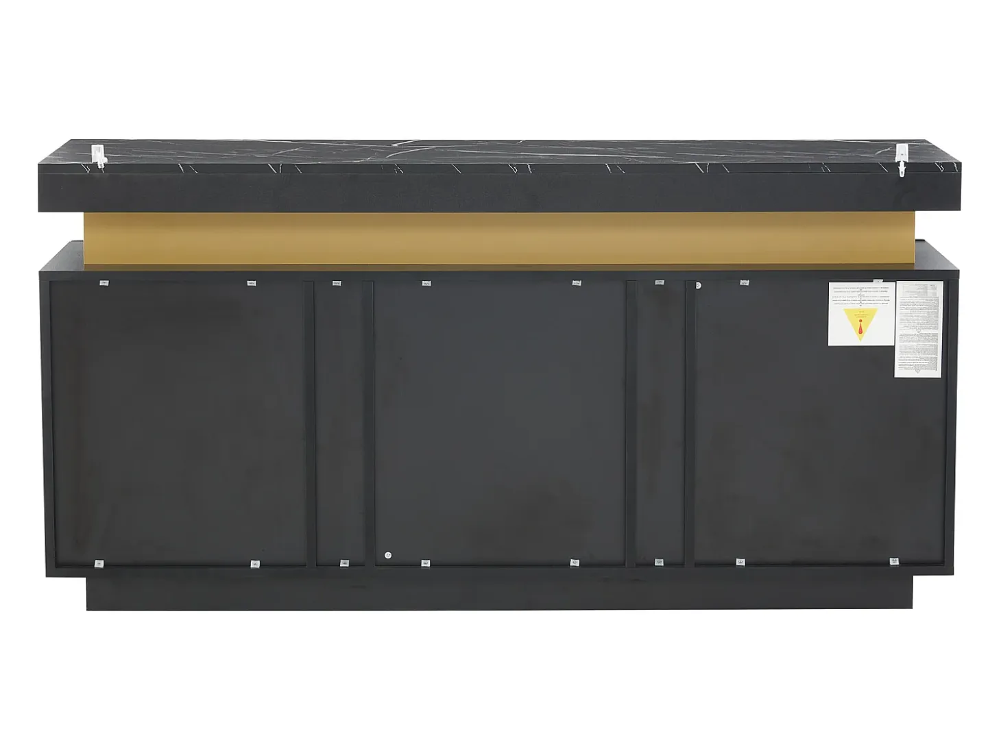 Aparador moderno 140x38x70cm con 3 puertas y tapa efecto mármol, negro y dorado