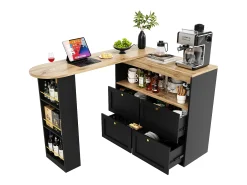 Aparador, Mueble bar giratorio y retráctil - 4 cajones y 4 compartimentos - Negro