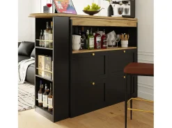 Aparador, Mueble bar giratorio y retráctil - 4 cajones y 4 compartimentos - Negro
