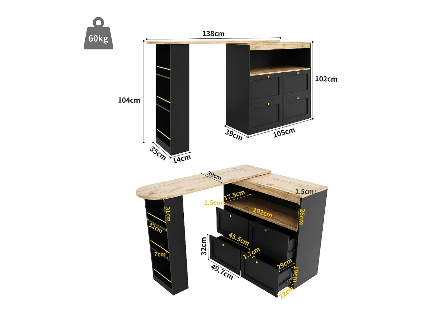 Aparador, Mueble bar giratorio y retráctil - 4 cajones y 4 compartimentos - Negro