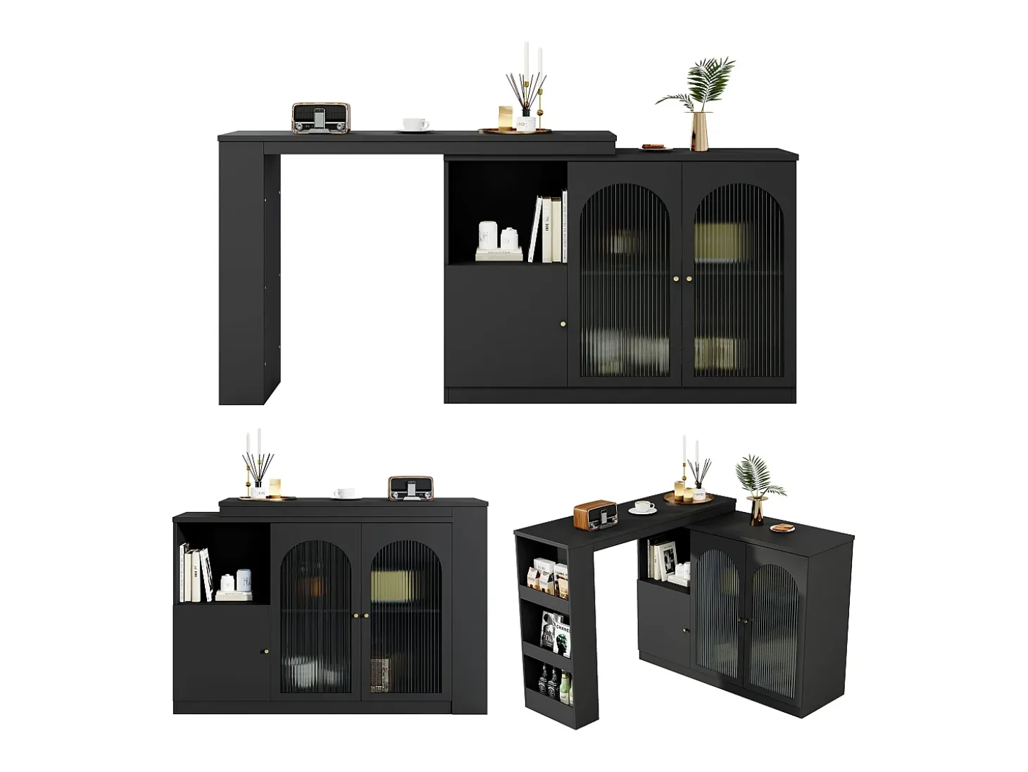 Aparador, Mueble bar giratorio de MDF - gran espacio de almacenamiento - estilo contemporáneo - Negro