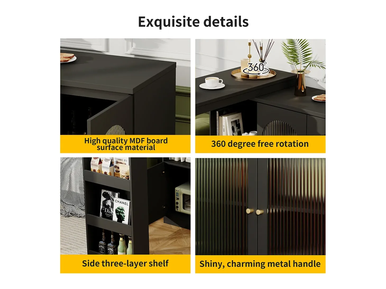 Aparador, Mueble bar giratorio de MDF - gran espacio de almacenamiento - estilo contemporáneo - Negro