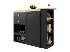 Aparador, Mueble bar giratorio y retráctil - 2 cajones y 6 compartimentos - Negro