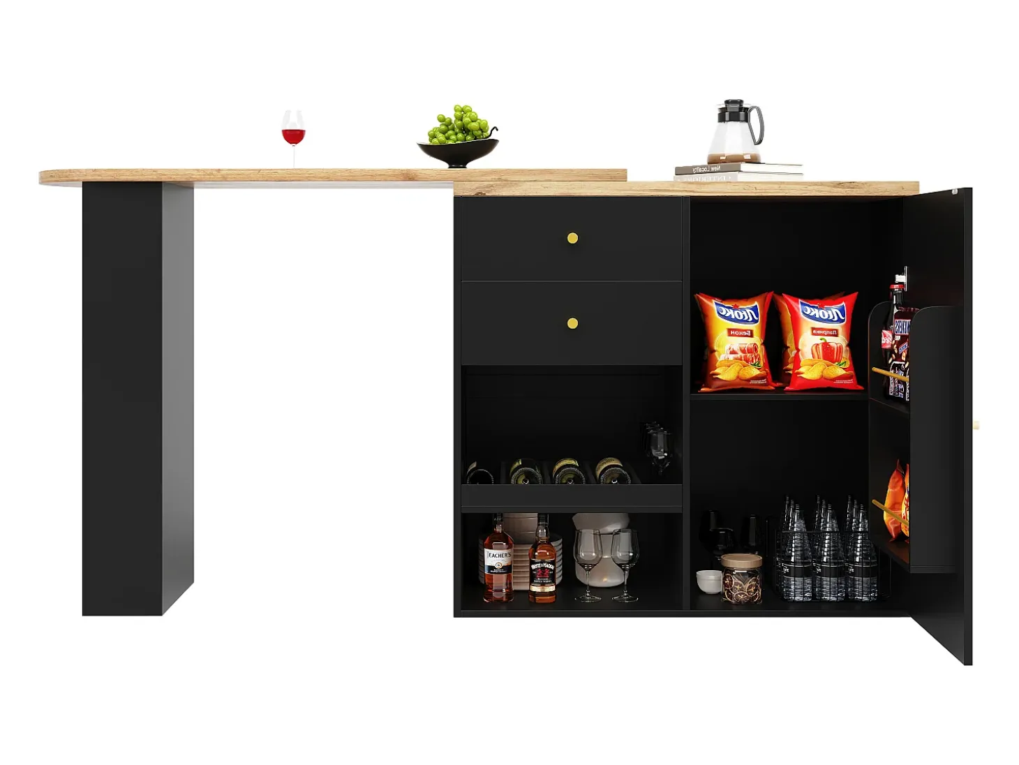 Aparador, Mueble bar giratorio y retráctil - 2 cajones y 6 compartimentos - Negro