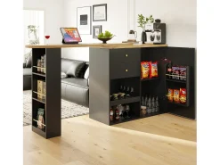 Aparador, Mueble bar giratorio y retráctil - 2 cajones y 6 compartimentos - Negro