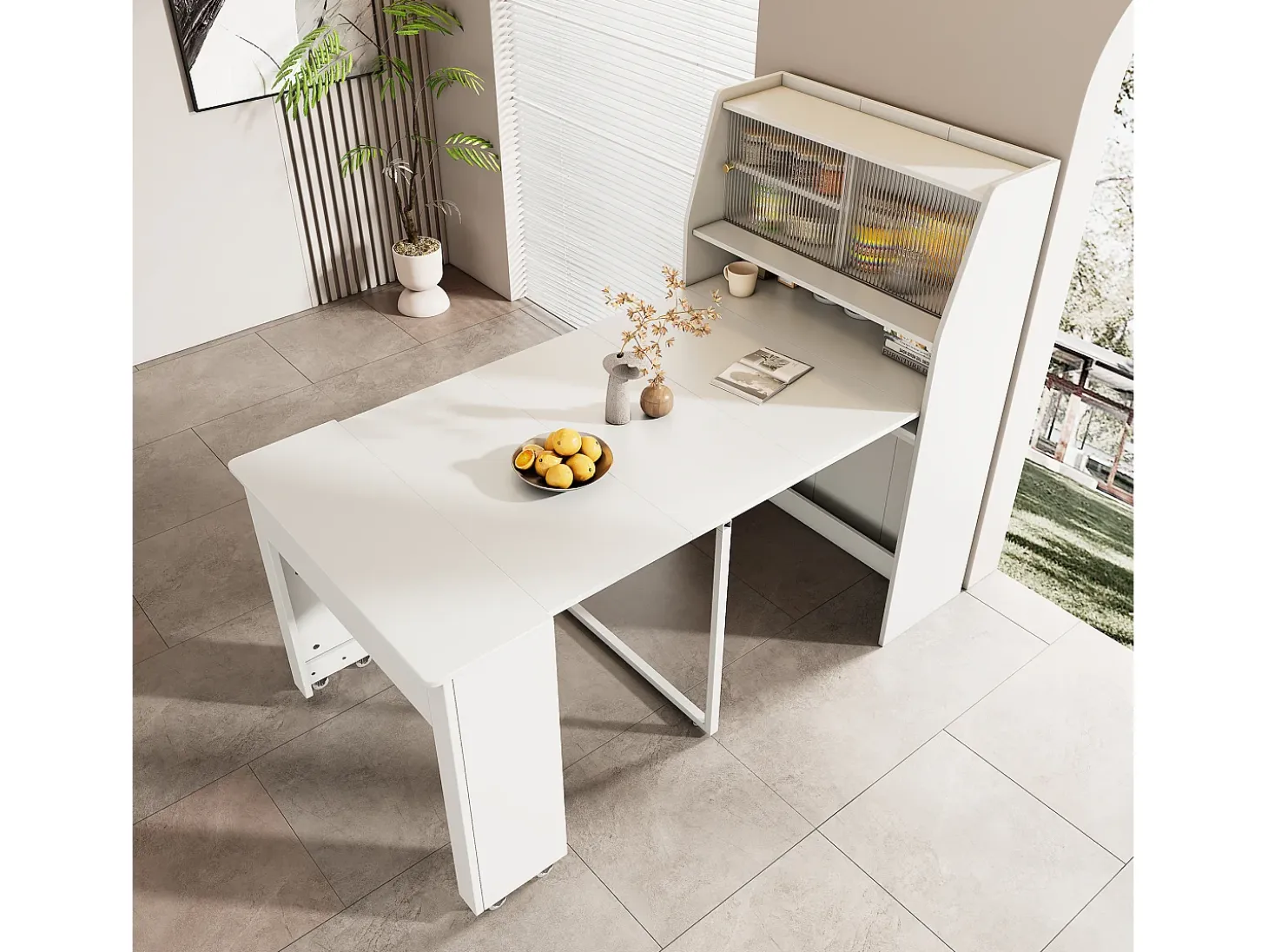 Aparador, Mueble bar retráctil - con compartimentos arriba - estilo moderno - Blanco