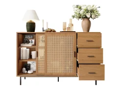 Aparador natural con 2 puertas correderas y 3 cajones, estantes regulables 140x37x91 cm