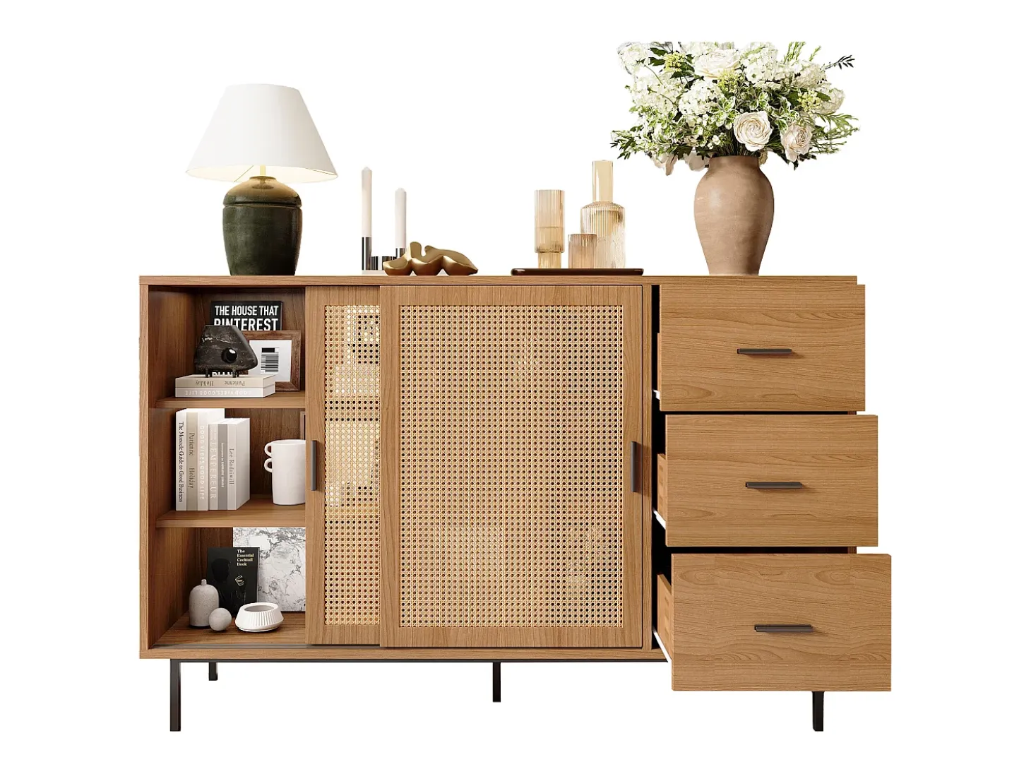 Aparador natural con 2 puertas correderas y 3 cajones, estantes regulables 140x37x91 cm