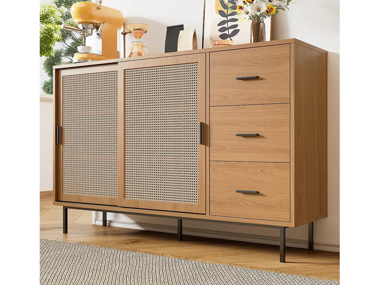 Aparador natural con 2 puertas correderas y 3 cajones, estantes regulables 140x37x91 cm