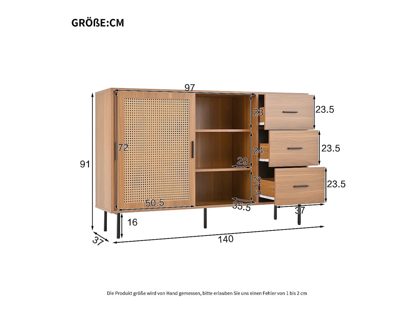 Aparador natural con 2 puertas correderas y 3 cajones, estantes regulables 140x37x91 cm