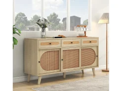 Aparador natural, 140x40x78 cm, con 3 cajones y 3 puertas correderas, estantes regulables