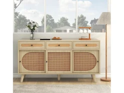Aparador natural, 140x40x78 cm, con 3 cajones y 3 puertas correderas, estantes regulables