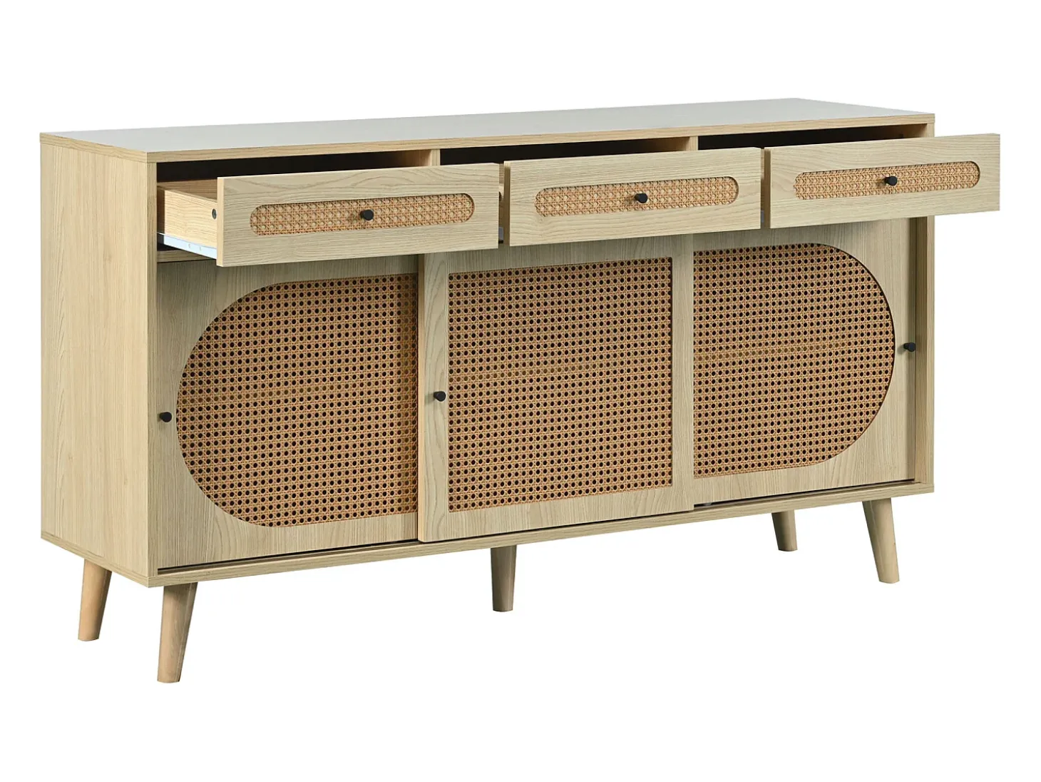 Aparador natural, 140x40x78 cm, con 3 cajones y 3 puertas correderas, estantes regulables