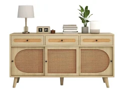 Aparador natural, 140x40x78 cm, con 3 cajones y 3 puertas correderas, estantes regulables