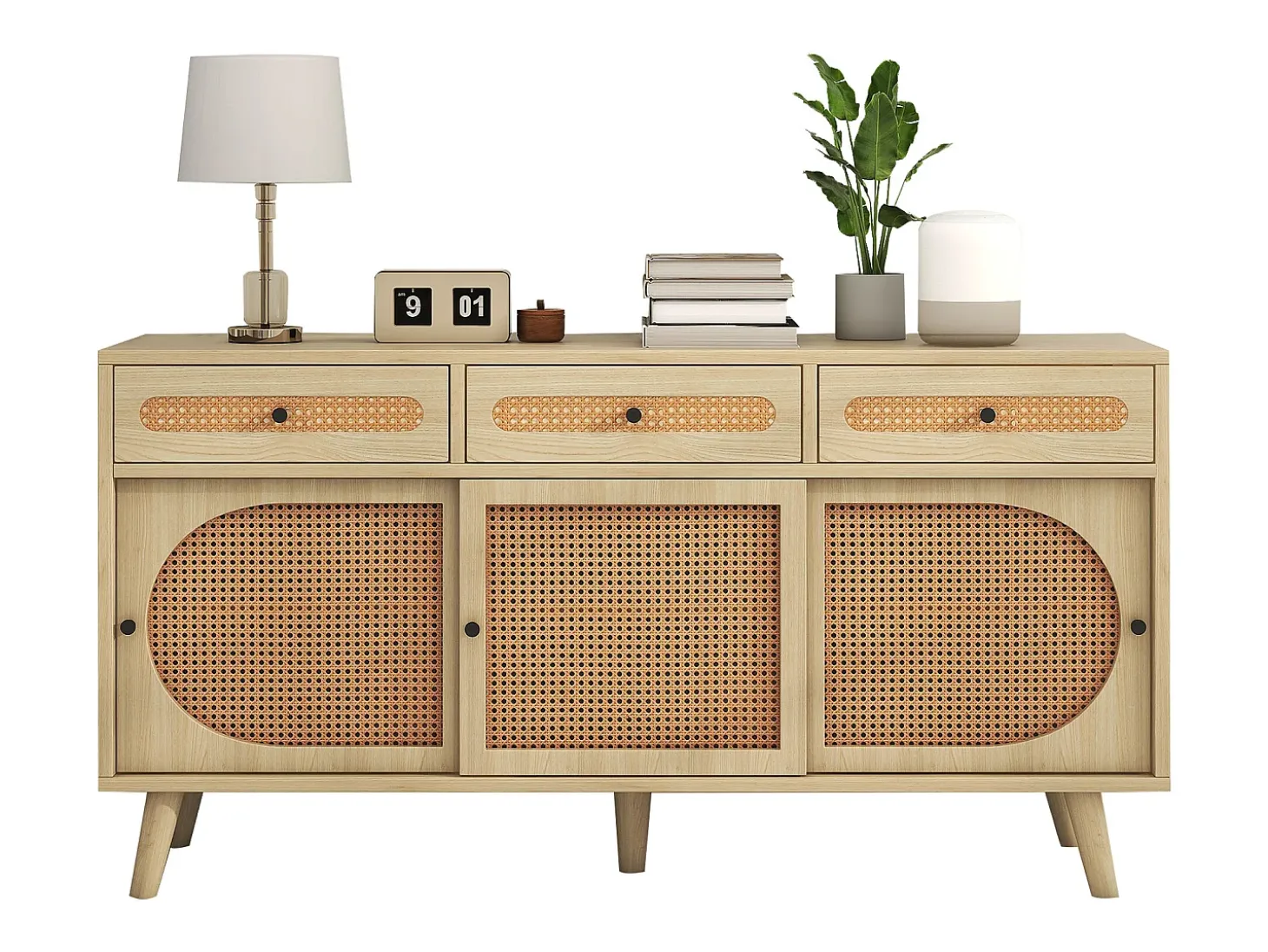 Aparador natural, 140x40x78 cm, con 3 cajones y 3 puertas correderas, estantes regulables