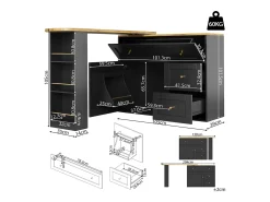 Aparador negro, aparador de cocina con encimera giratoria, 2 puertas y 2 cajones - tiradores dorados