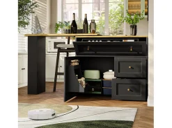 Aparador negro, aparador de cocina con encimera giratoria, 2 puertas y 2 cajones - tiradores dorados