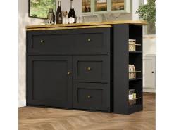 Aparador negro, aparador de cocina con encimera giratoria, 2 puertas y 2 cajones - tiradores dorados