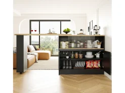 Aparador negro, aparador de cocina con 2 puertas de cristal y 2 de MDF, encimera giratoria
